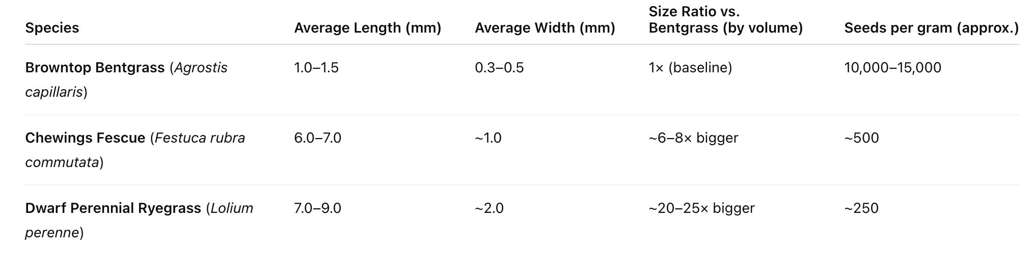 Rye Grass seed size (Lolium perenne) comparison with Fescue and Bent grasses